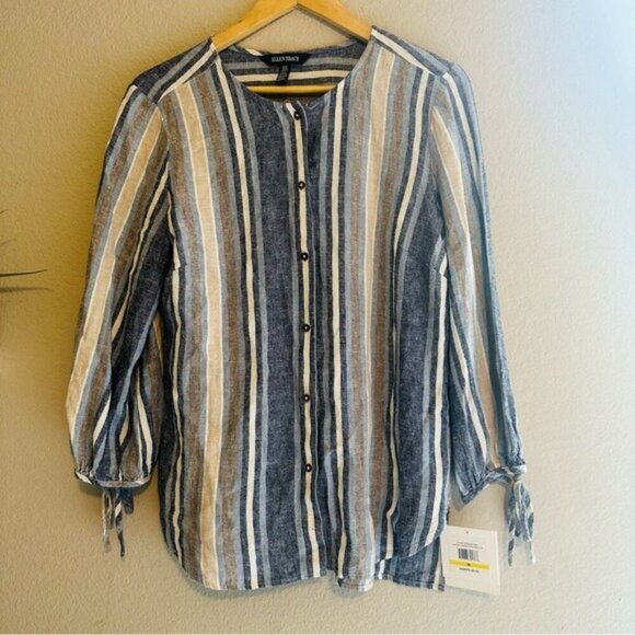 Ellen Tracy Womens Linen Blend Blue Striped 3/4 Sleeve Button Front Blouse Sz M - Picture 5 of 8